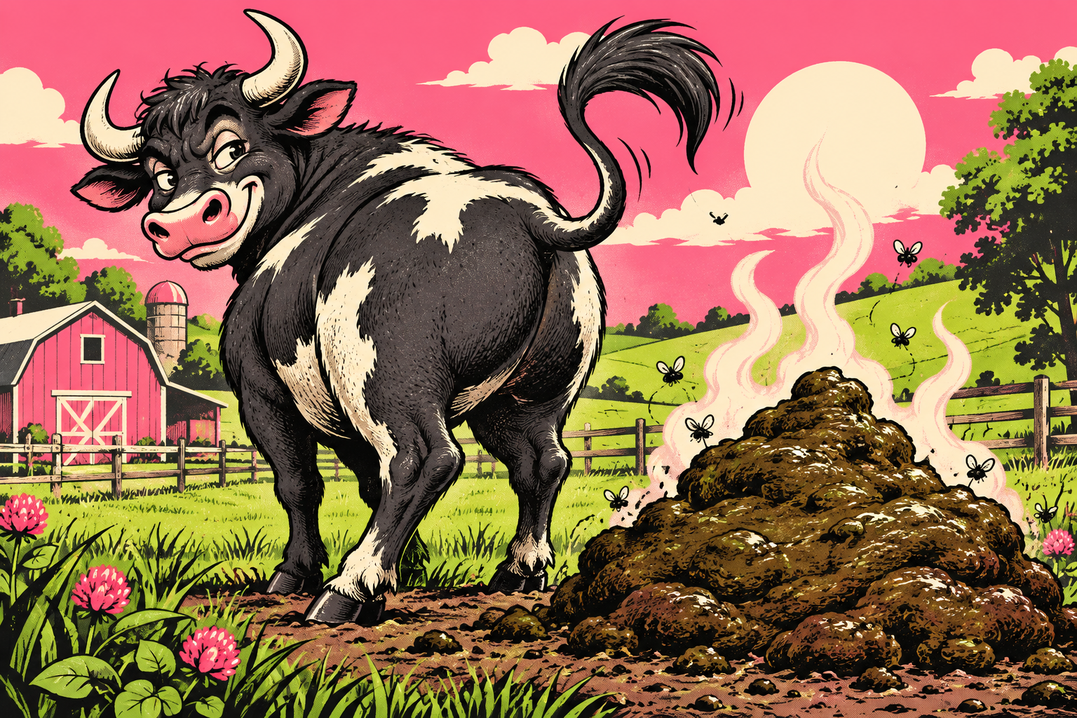 Illustrated bull beside a steaming pile of cow manure