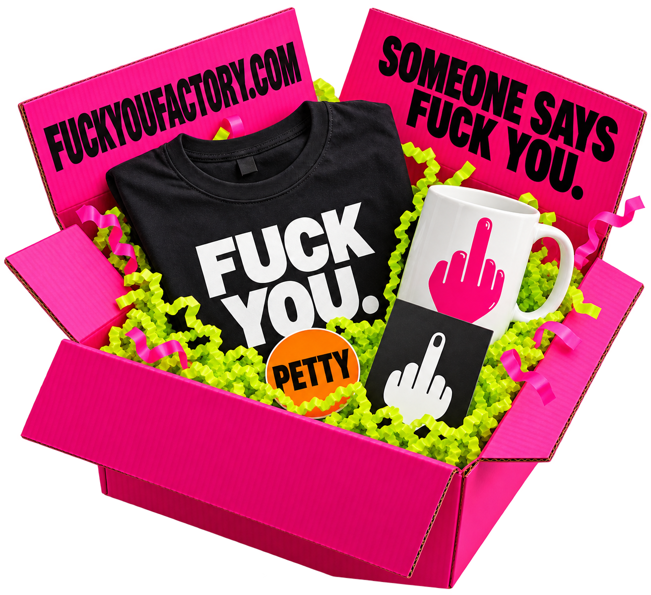 Custom printed Fuck You Factory box with funny contents